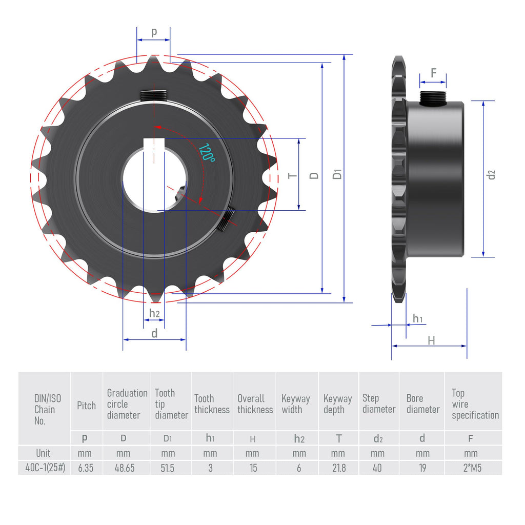 FOCMKEAS 24 Tooth Roller Chain Sprocket, 25 Chain, 19mm Bore, Kw