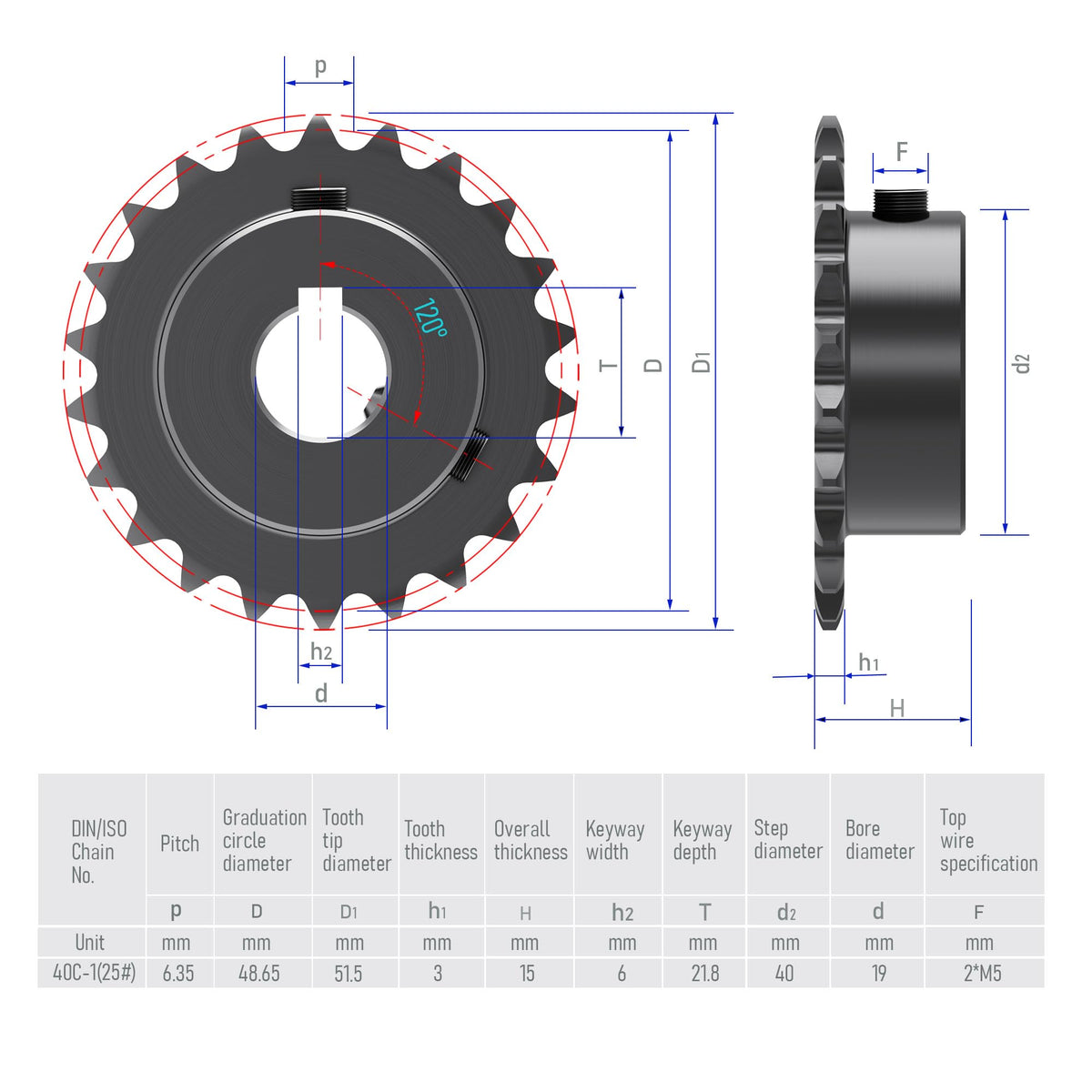 FOCMKEAS 24 Tooth Roller Chain Sprocket, 25 Chain, 19mm Bore, Kw