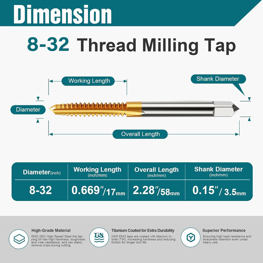 4 Pcs 8-32 UNC Thread Tap Set, M2 HSS Right Hand Thread Milling Tap