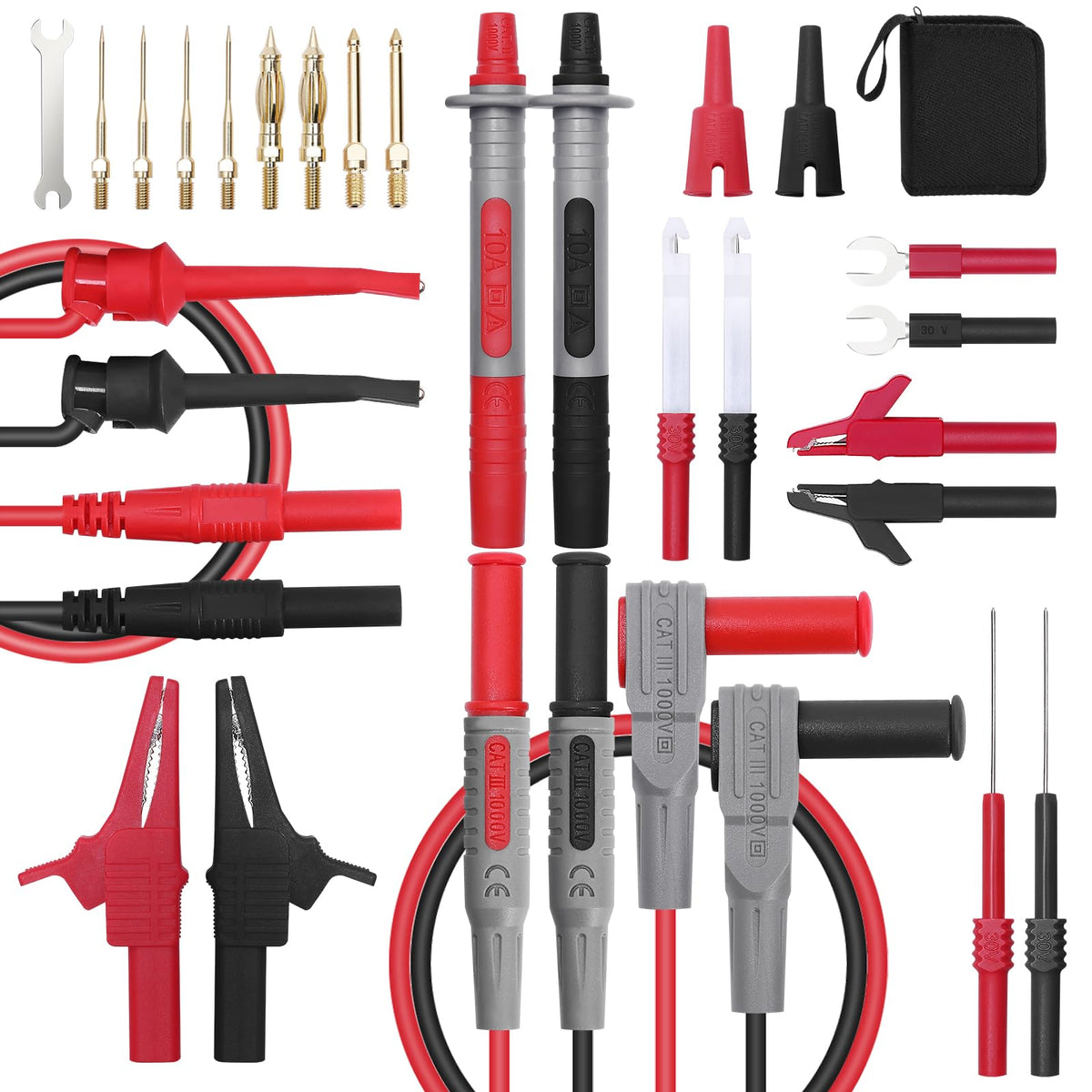 EDGELEC 28 Pcs Multimeter Test Leads Kit with Replaceable Gold-Plated Multimeter Probes, Alligator Clips, Test Hooks,Back Probe Pins with Tool Bag