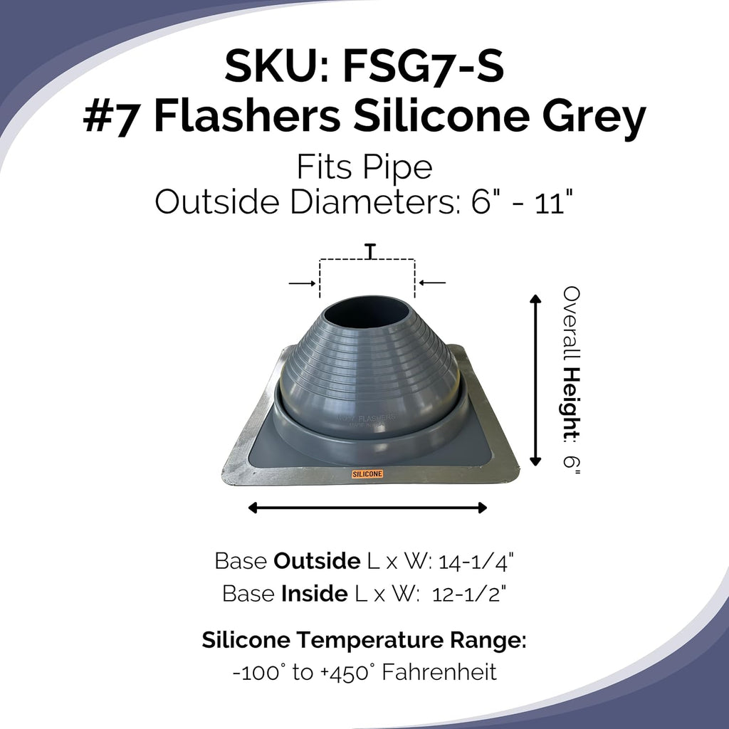 #7 Silicone Grey Square High-Temperature Flexible Roof Jack Pipe Boot Metal Roofing Pipe Flashing (Pipe OD 6" to 11")
