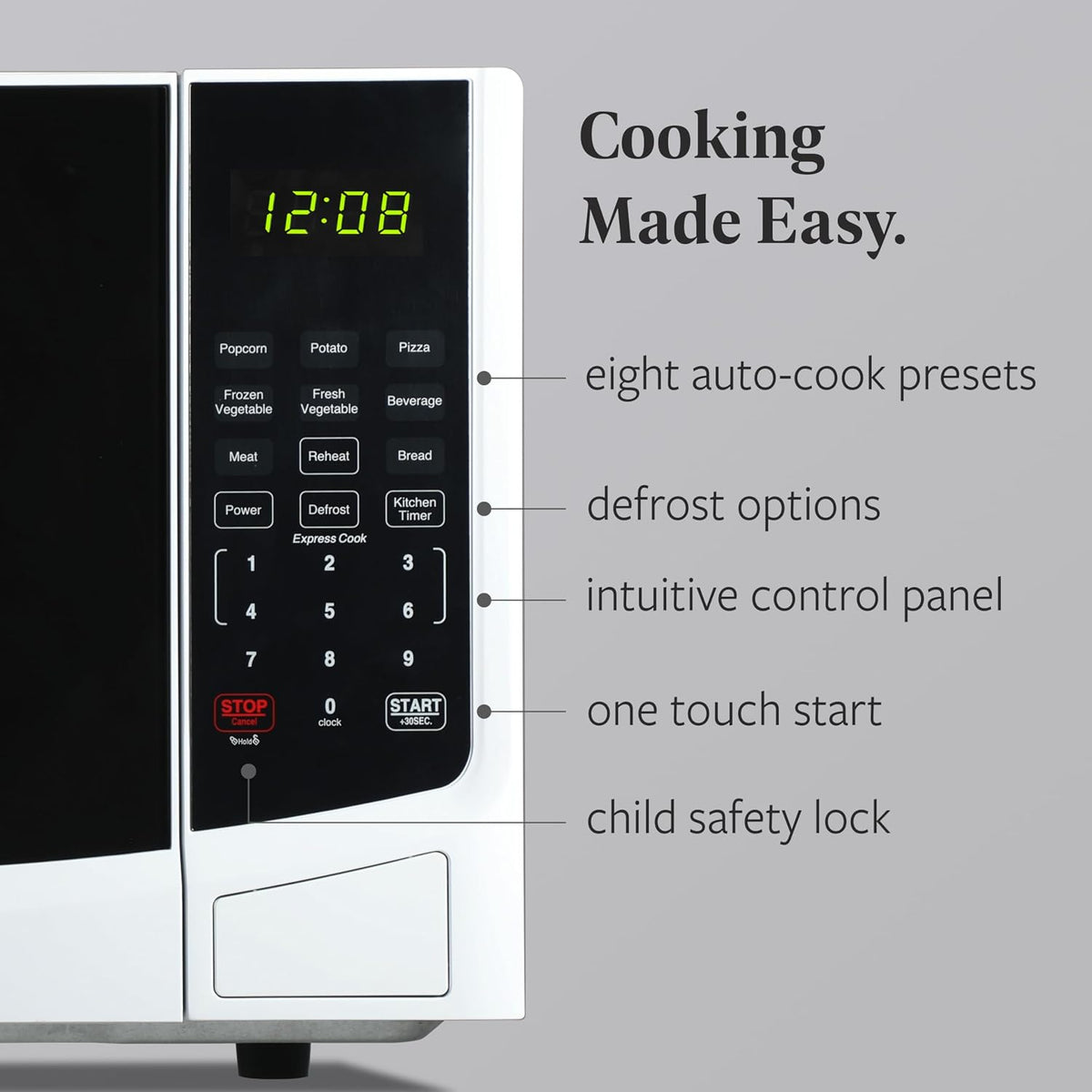 0.9 Cu. Ft. Countertop Microwave Oven – 900W Power, Auto Cook Settings, Defrost, and Safety Lock – White