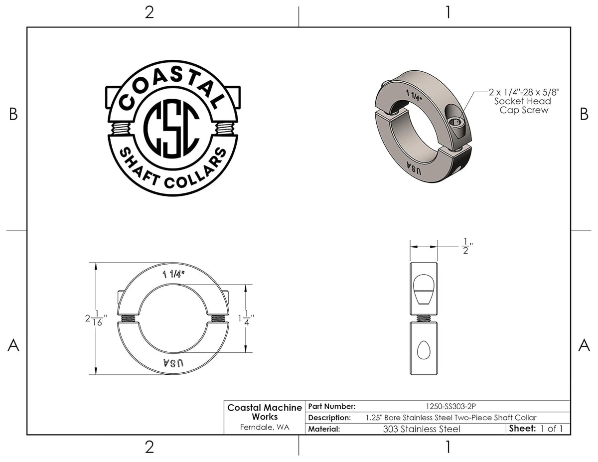 1.25" Bore Diameter - Clamping Two Piece Shaft Collar - 303 Stainless Steel (1 Pack)