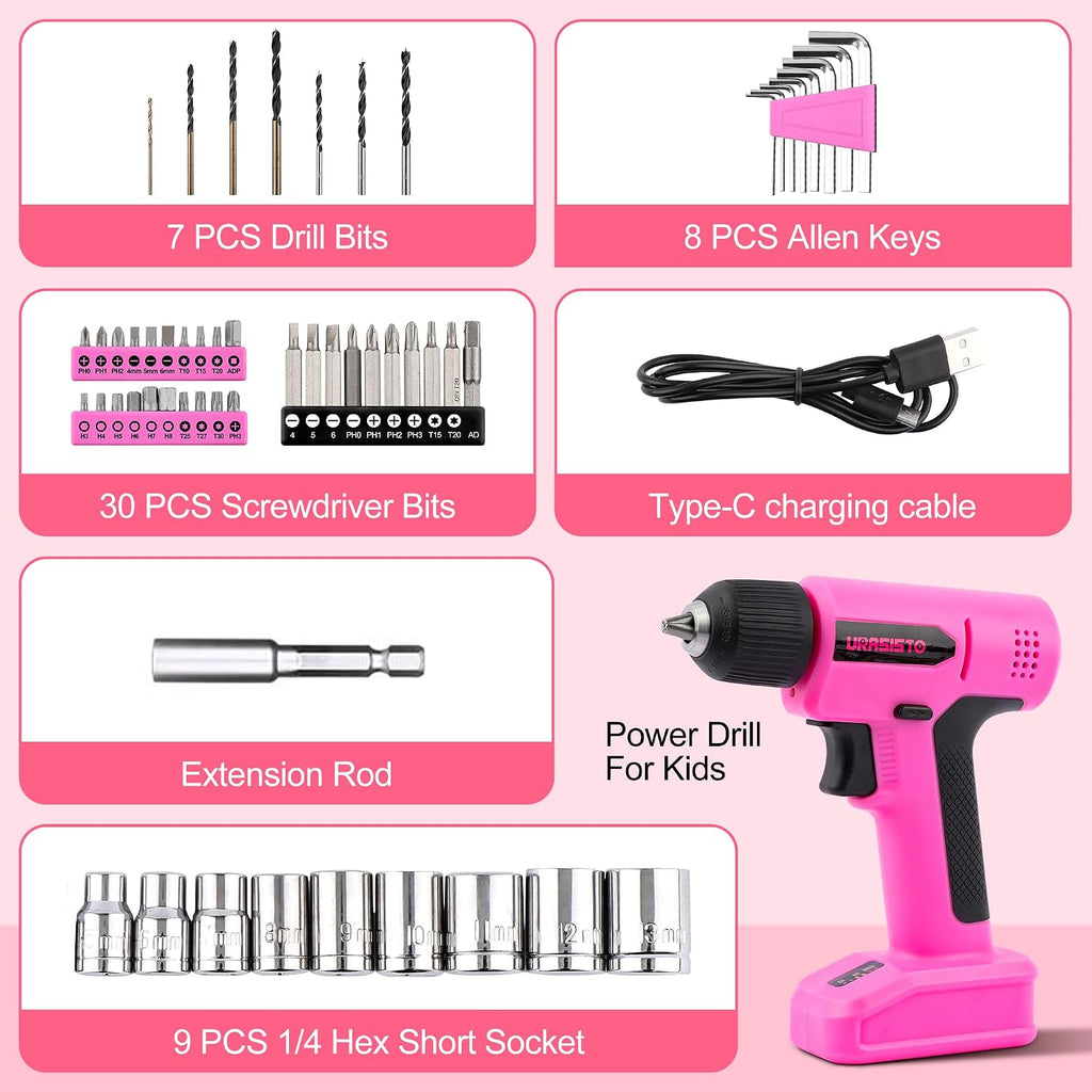 8V Pink Cordless Drill, Power Drill Tool Set, Built-in LED, 58pcs Acessories with Household Tool Set Gift Box, Pink