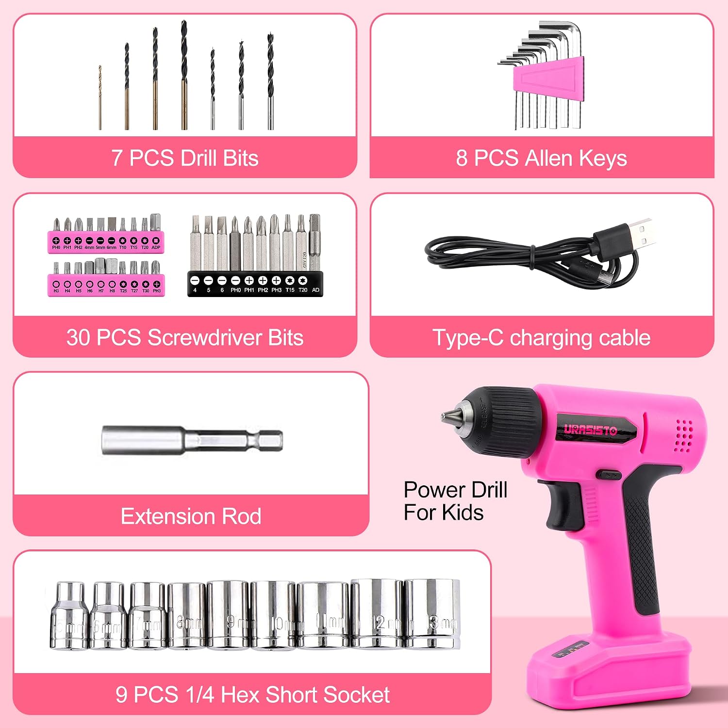 8V Pink Cordless Drill, Power Drill Tool Set, Built-in LED, 58pcs Acessories with Household Tool Set Gift Box, Pink