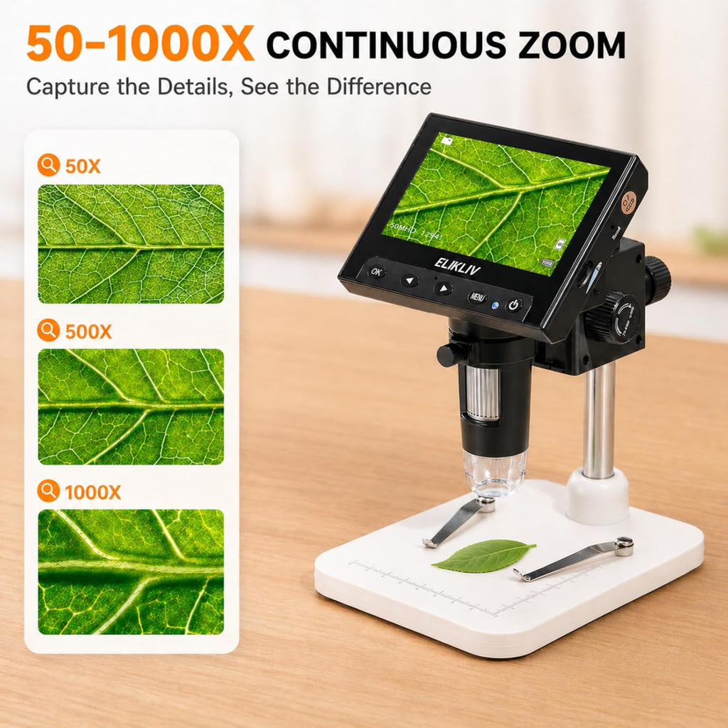 Microscope, LCD Digital Coin Microscope 1000x, Coin Magnifier with 8 Adjustable LED Lights, PC View Compatible with