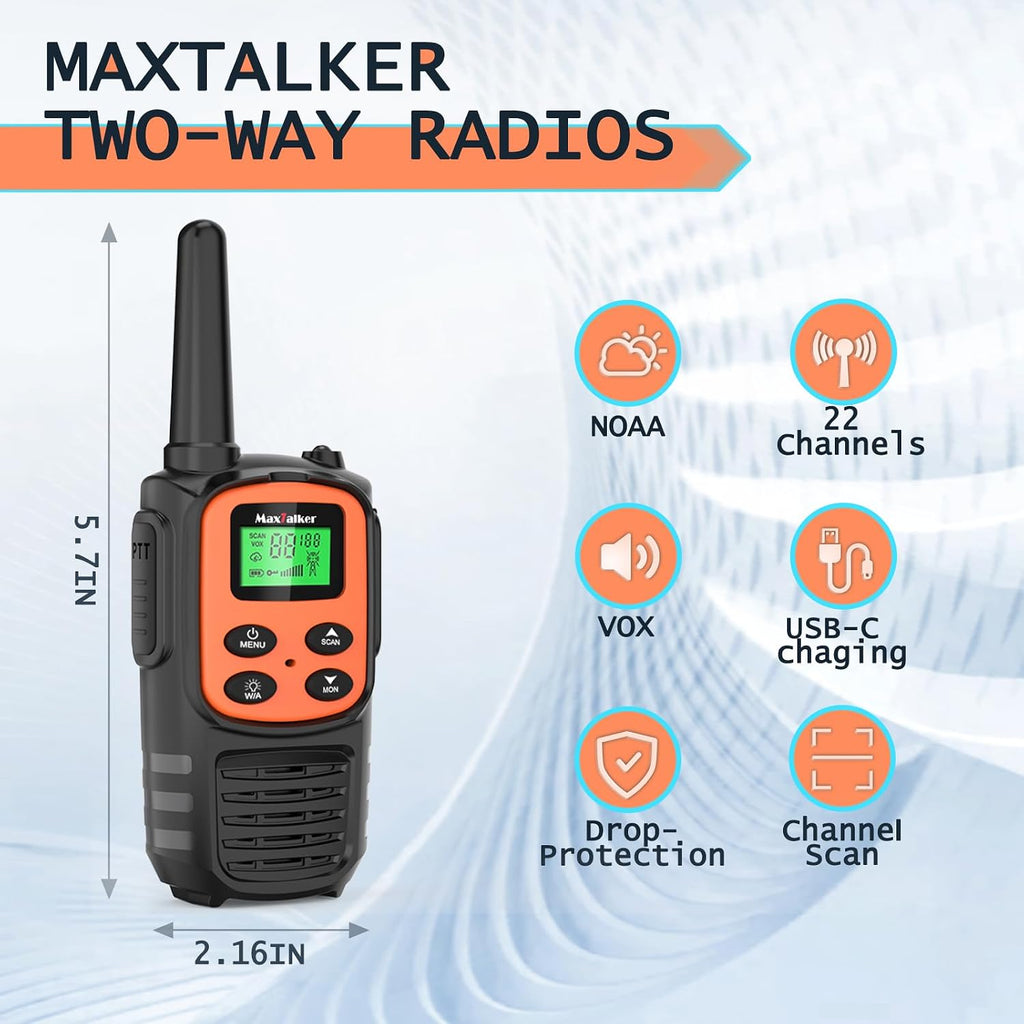 Walkie Talkies Long Range 2 Pack,Rechargeable 22 FRS Channels Two Way Radio | NOAA, LED flash & VOX walkie talkies