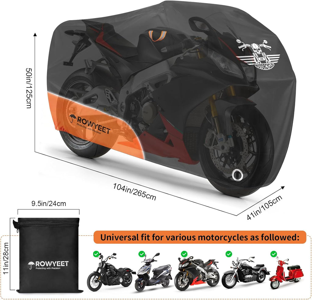 Motorcycle Cover Waterproof Outdoor Storage All Season Protection | 210D Orange, Fits up to 104", Lock-Holes, Storage