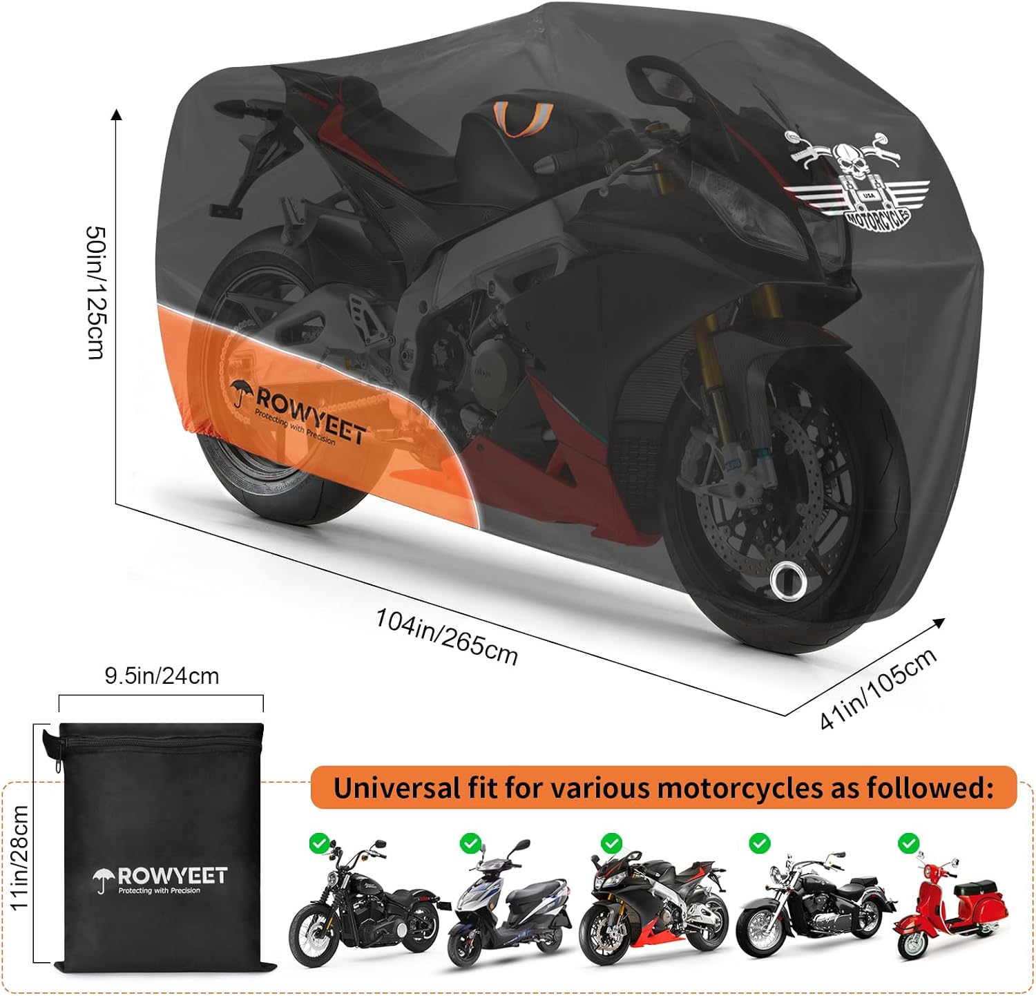 Motorcycle Cover Waterproof Outdoor Storage All Season Protection | 210D Orange, Fits up to 104", Lock-Holes, Storage