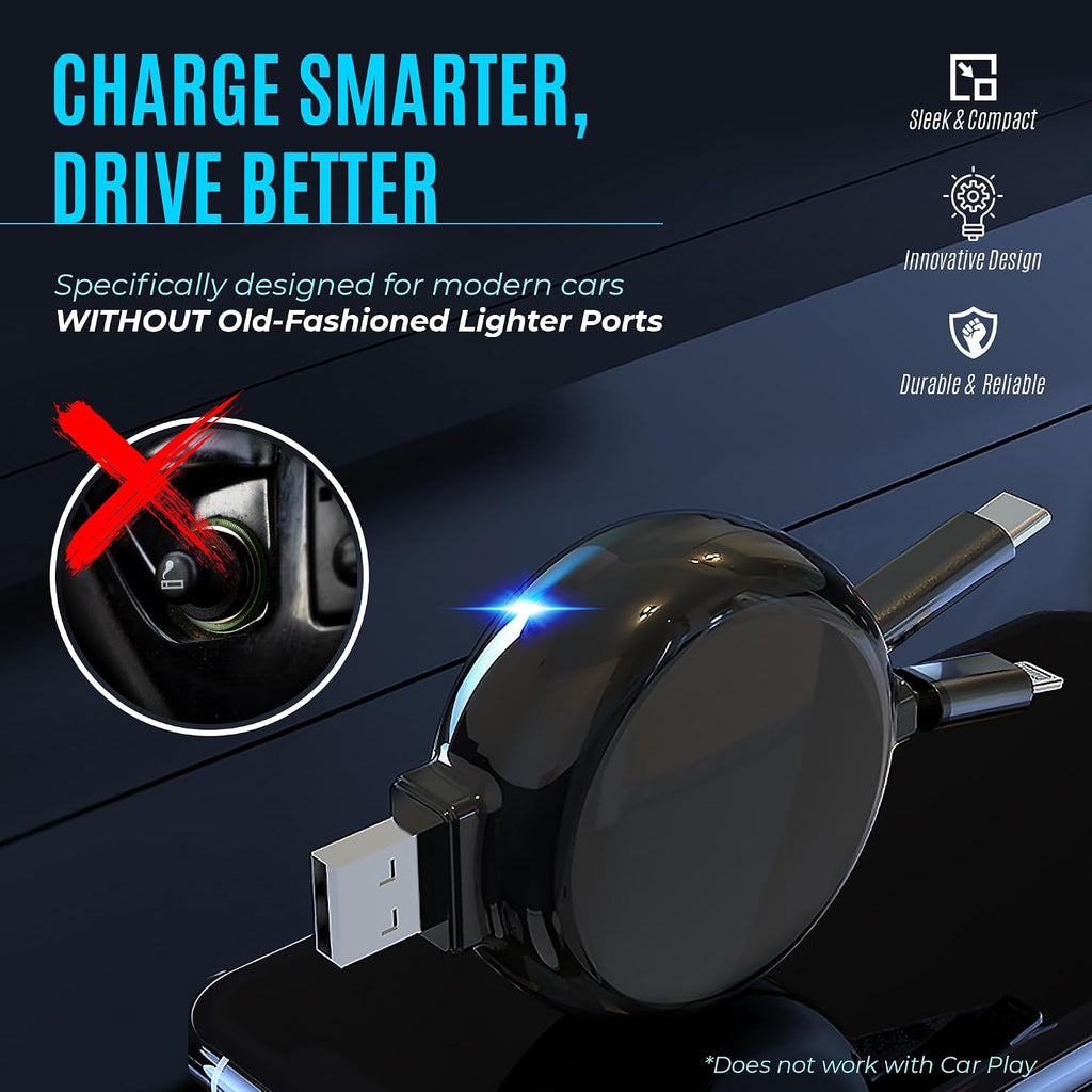 2-in-1 Retractable Charger for Car iPhone and Android, Wall Outlet or PC | Modern Car Charger Retractable Cord | 15W