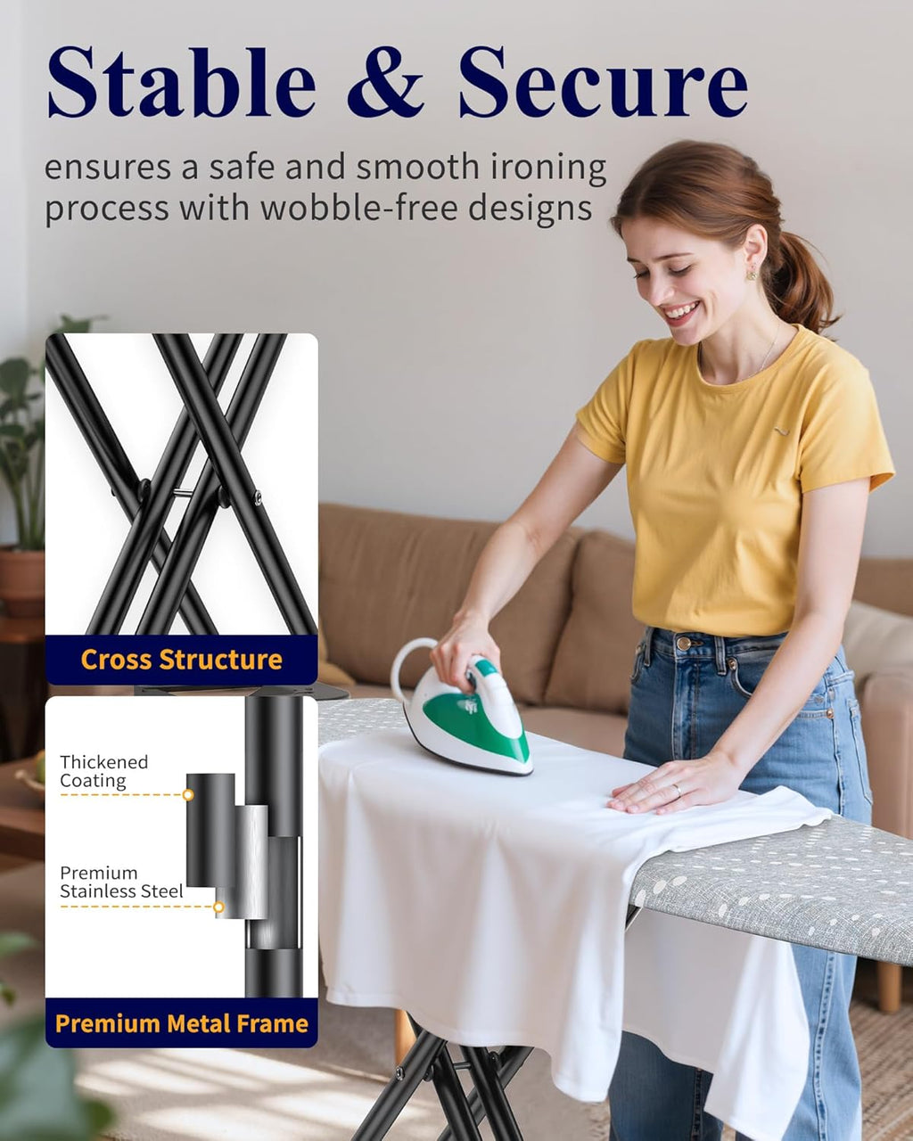 Folding Ironing Board - Height Adjustable Iron Board in Full Size, Wobble-Free & Heavy-Duty Ironing Board with Cover