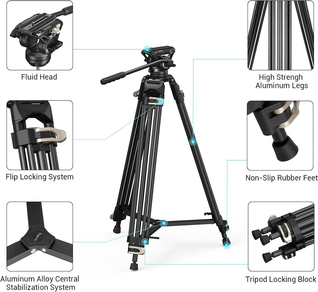 AD-01 Video Tripod, 73" Heavy Duty Tripod with 360 Degree Fluid Head and Quick Release Plate for DSLR, Camcorder