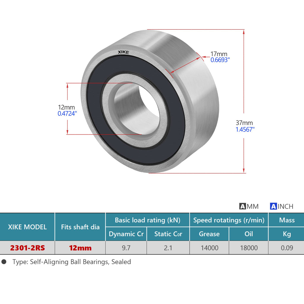 XIKE 1 Pcs 2201-2RS Sealed Self-Aligning Ball Bearings 12x32x14mm.