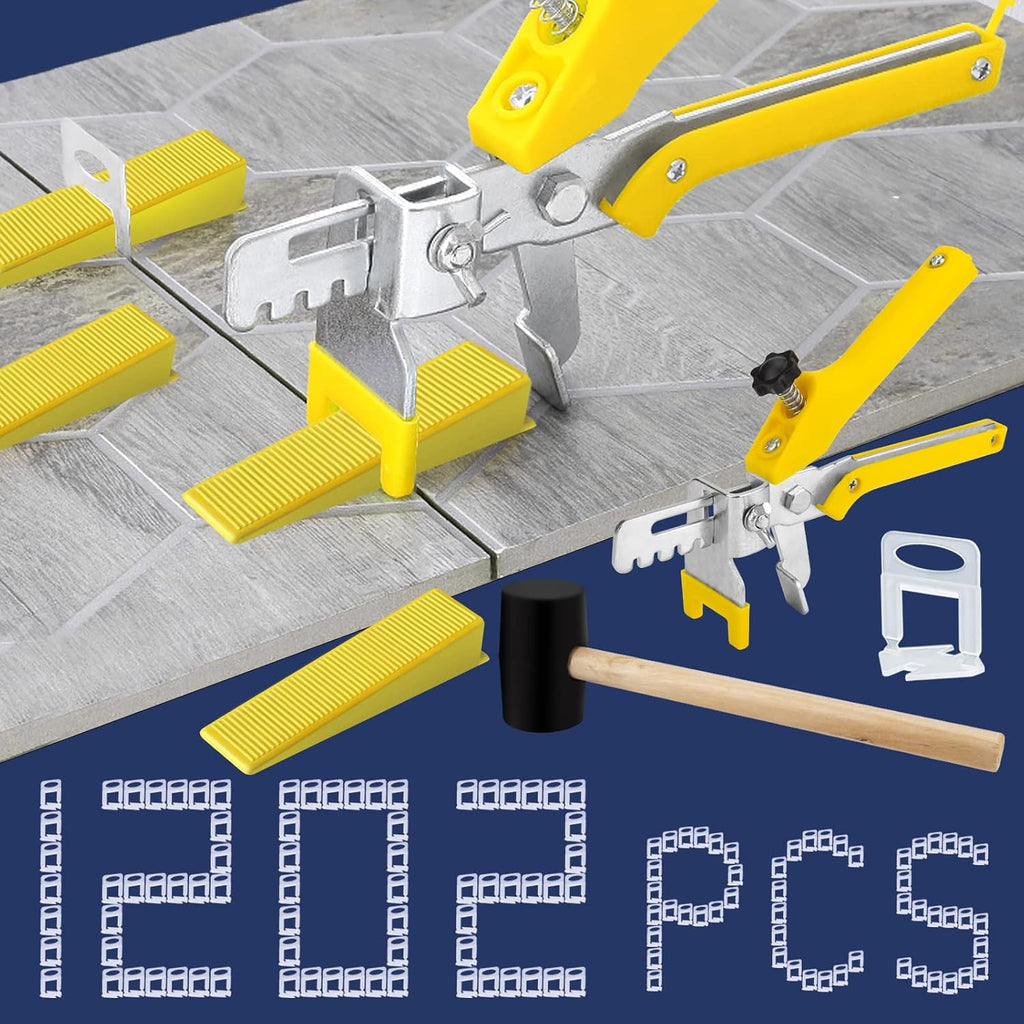 Tile Leveling System with Tile Plier and Rubber Mallet Tile Leveler Tool | 1000 Piece Tile Spacers Clips and 200