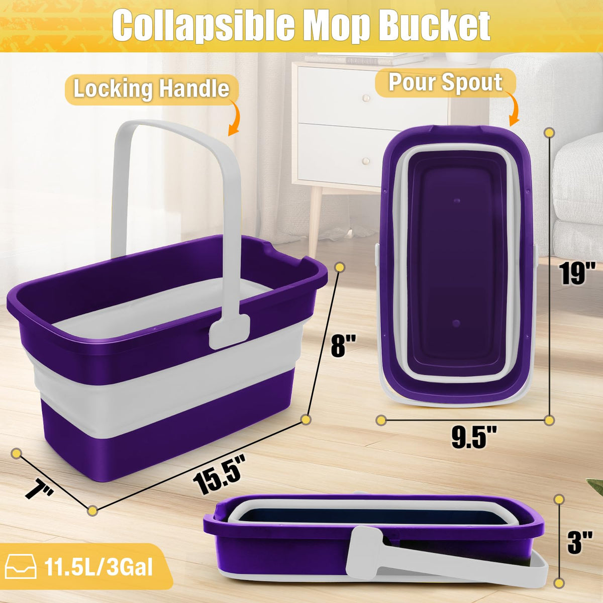 Collapsible Bucket with Handle for Mop Windows Cleaning,3 Gallon