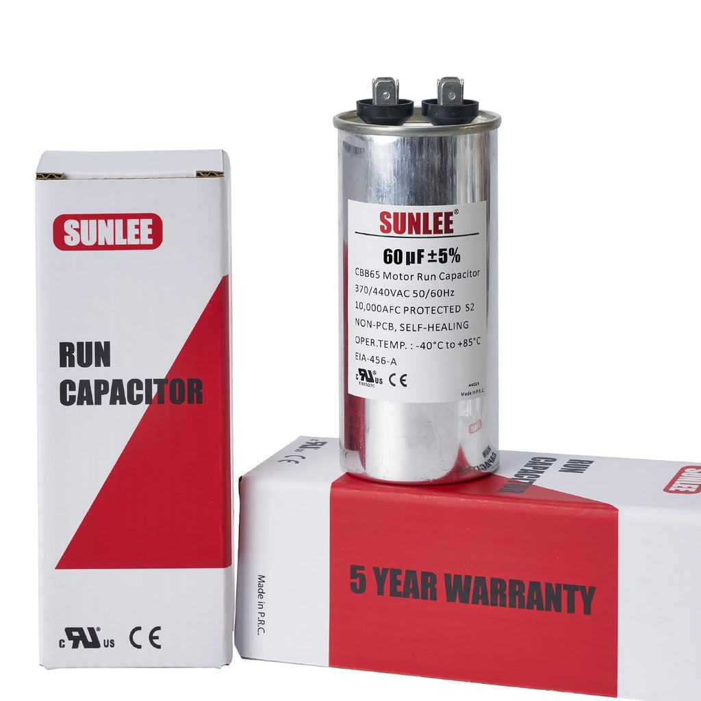 SUNLEE UL Recognized Single Run 60 uF (60 MFD) 370/440 VAC CBB65 Capacitor, 50/60 Hz, Reliable Replacement for AC Condenser Fan Motor, Heat Pump or Pool Pump