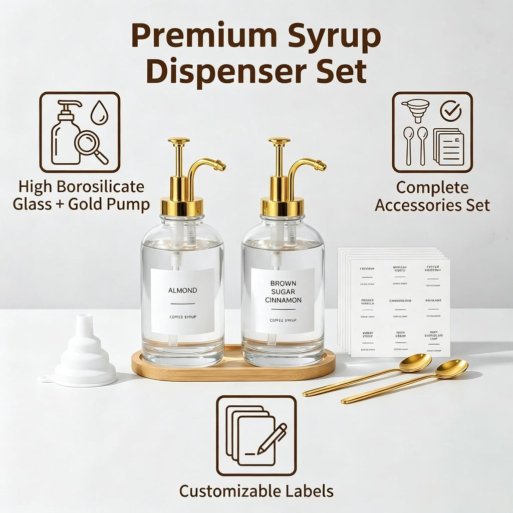16.9oz Coffee Syrup Dispenser with Coffee Spoons & Bamboo Tray,2 Pack