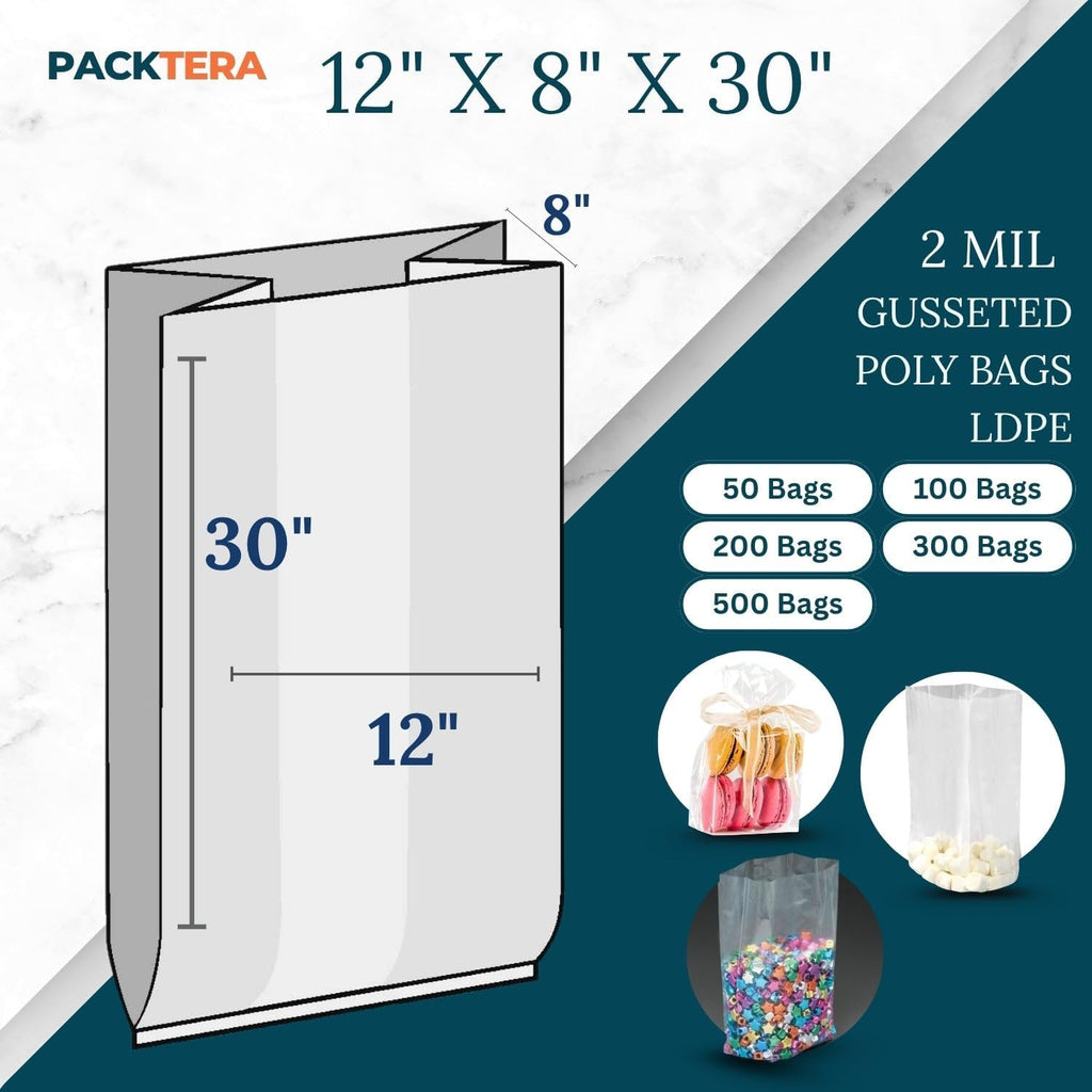 12" X 8" X 30" Gusseted Poly Bags Clear LDPE 2 Mil Thickness (Pack of 200) Open Top Food Safe Flexible Plastic