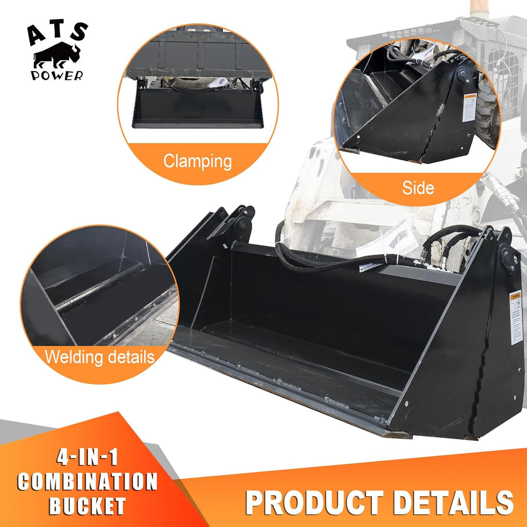 4‑in‑1 Skid Steer Bucket 72" Feeding Width Multi‑Purpose Grapple Bucket | Heavy‑Duty Attachment for Skid Steer &
