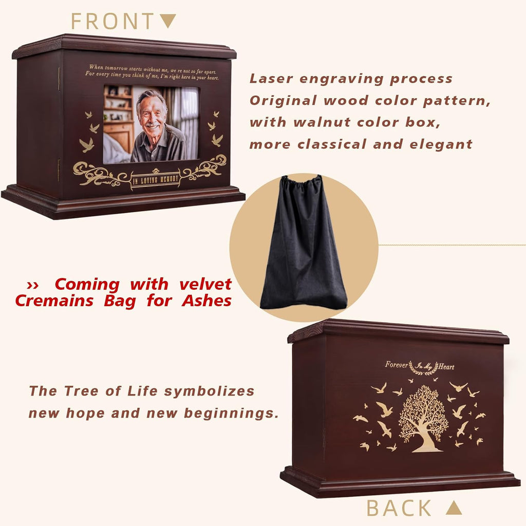 Cremation Urns for Human Ashes, Wooden Urn for Ashes Adult Male Female, Wooden Picture Frame Urns Box and Casket