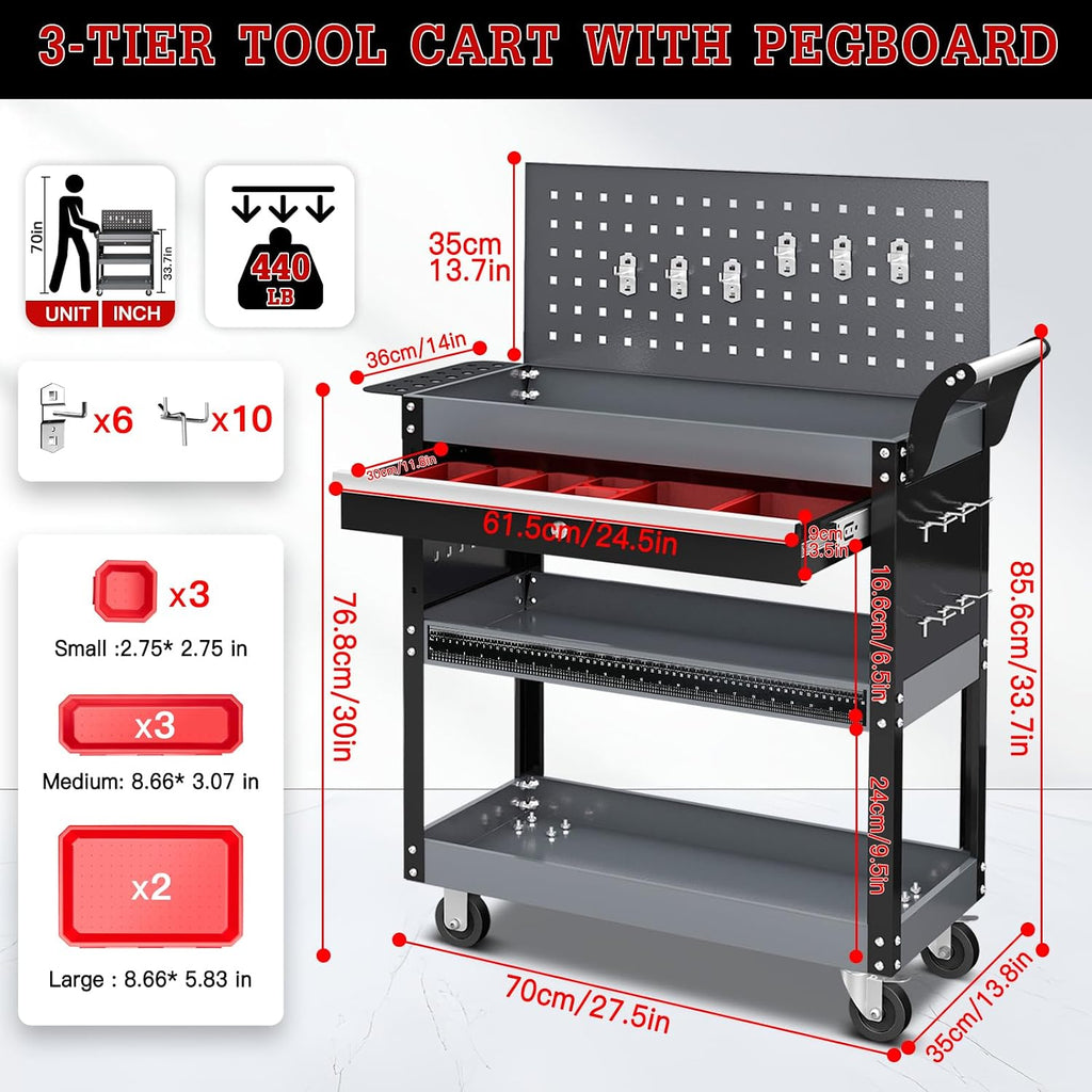 3 Tier Rolling Tool Cart On Wheels, Mechanic Tool Cart,Industrial Utility Cart with Drawers & Pegboard,440 LBS Heavy