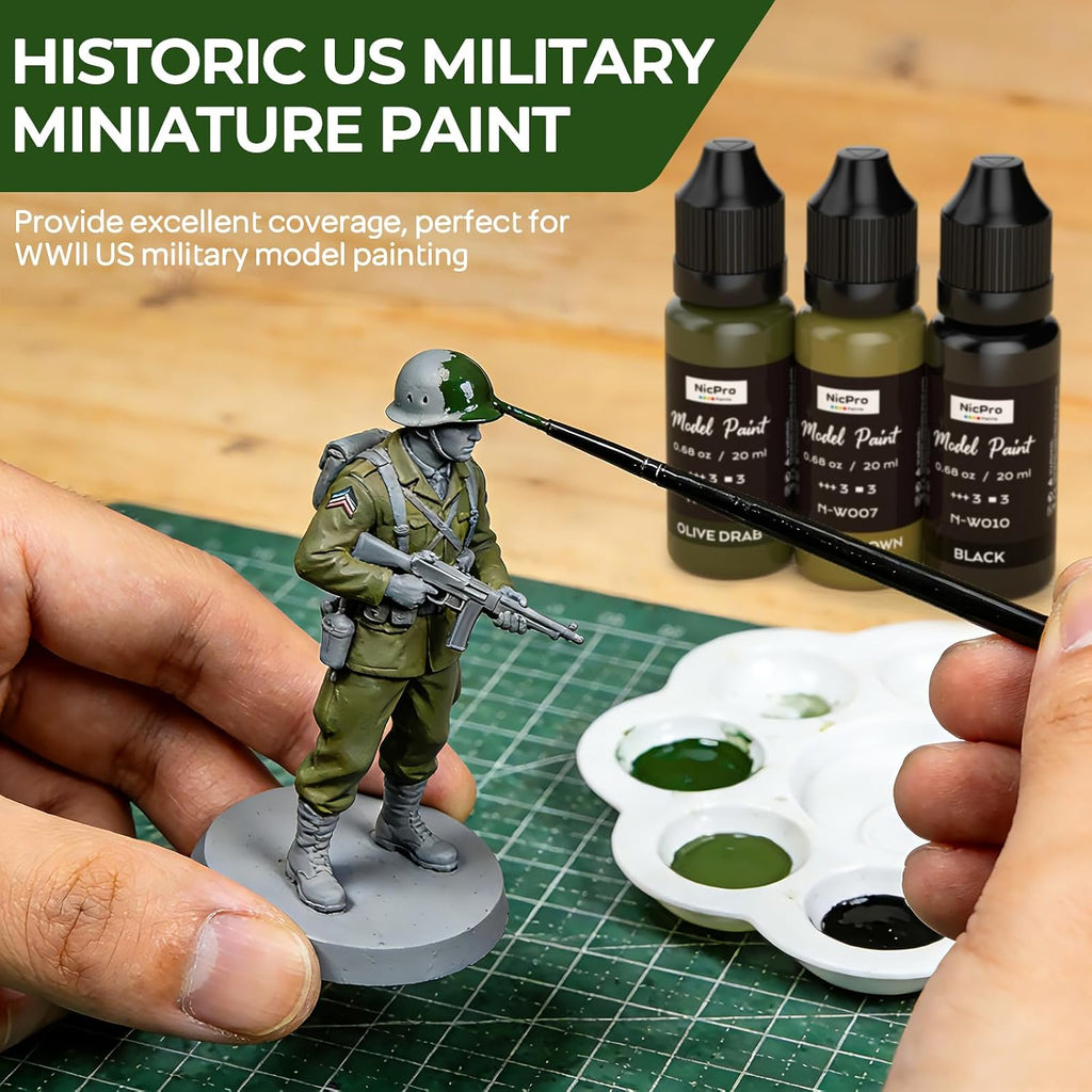 10 Colors WWII U.S. Model Paint Set, 20ml Ready to Use | Modeling Acrylic Paints, Brush & Airbrush, Miniature Paint