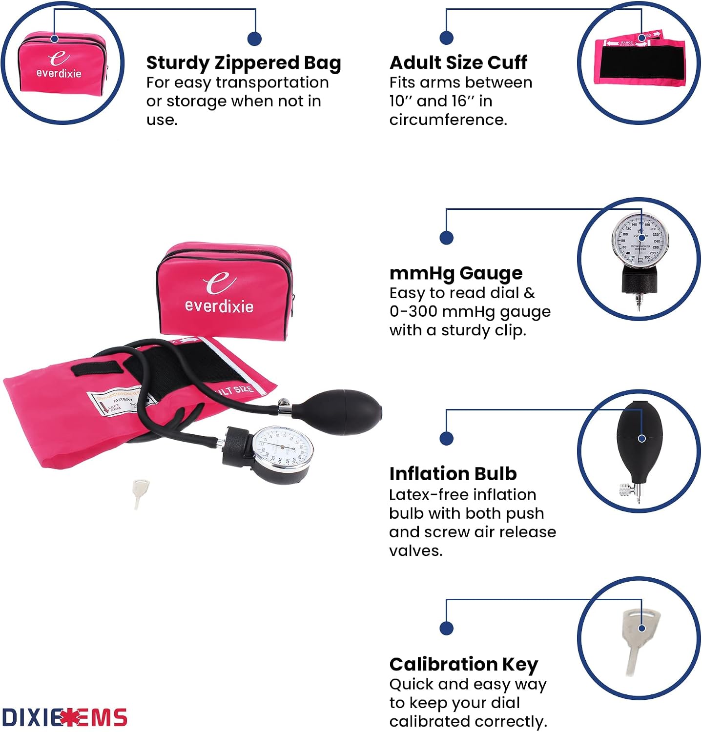 Deluxe Aneroid Sphygmomanometer Blood Pressure Set W/ Adult Cuff, Carrying Case and Calibration Tool - Pink