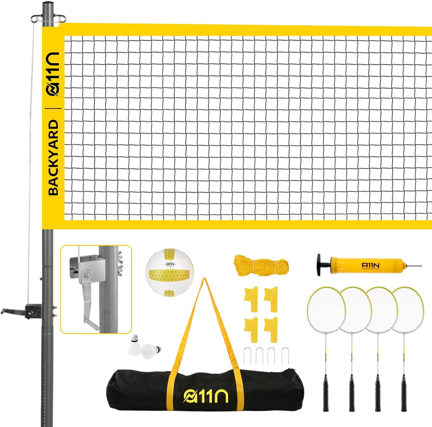Outdoor Volleyball and Badminton Combo Set - Includes Adjustable Height Anti-Sag Net, Volleyball, Air Pump, 4