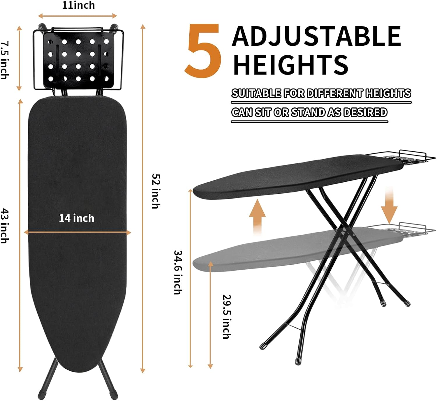 Ironing Board, 43x14 Inch Iron Board with Steam Rest, Heavy Duty Metal Frame Legs Ironing Table with Heat Resistant