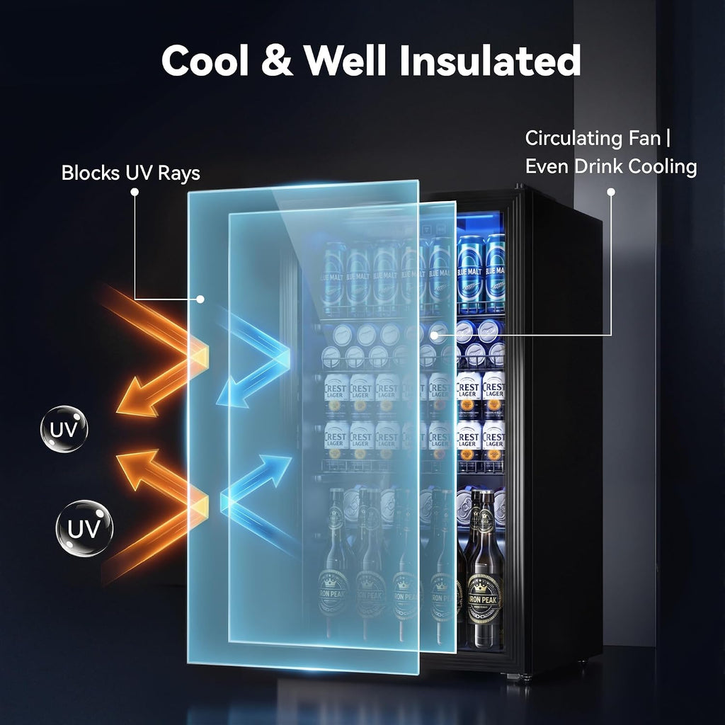 130 Can Beverage Refrigerator, 3.2 Cu.ft Fridge, Glass Door