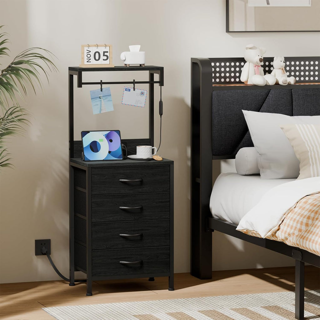 Tall Nightstand with Charging Station, Bed Side Table & End Table | 4 Fabric Drawers and Storage Wood Shelves, Dorm