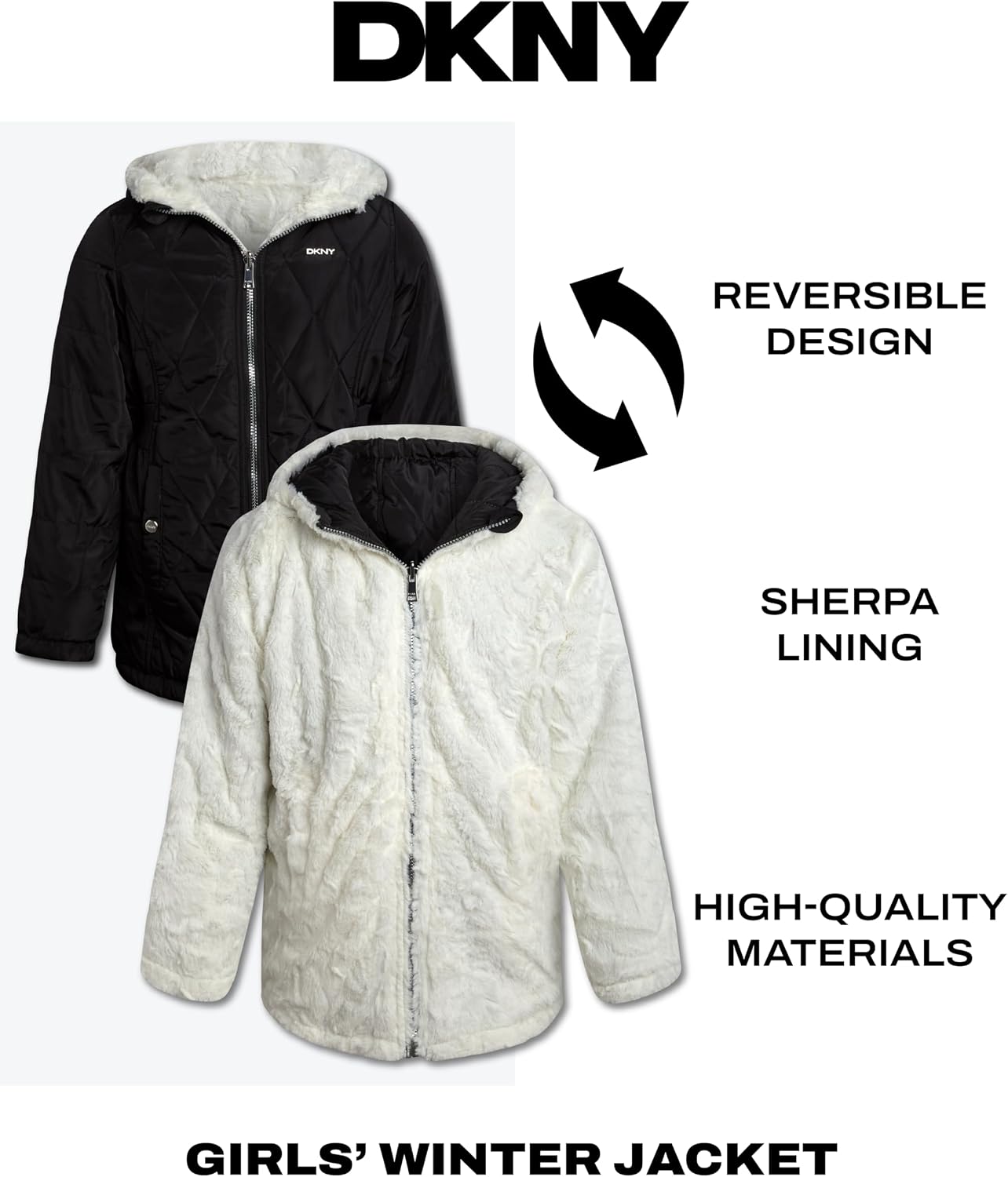 DKNY Girls Jacket, Reversible Quilted Puffer Coat, Sherpa Lined Hooded Coat | Two Looks in One Reversible Design