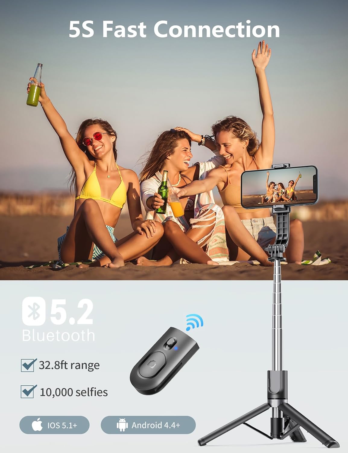 Selfie Stick Tripod with Light, 45'' Phone Tripod with Wireless Remote | Portable Travel Phone Tripod, Compatible