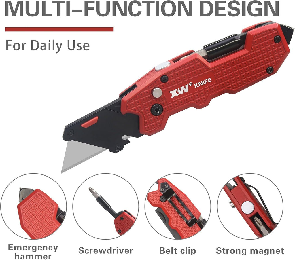 Folding Utility Knife with Screwdriver, 5-in-1 Multi-functional Heavy Duty Lock-back Box Cutter