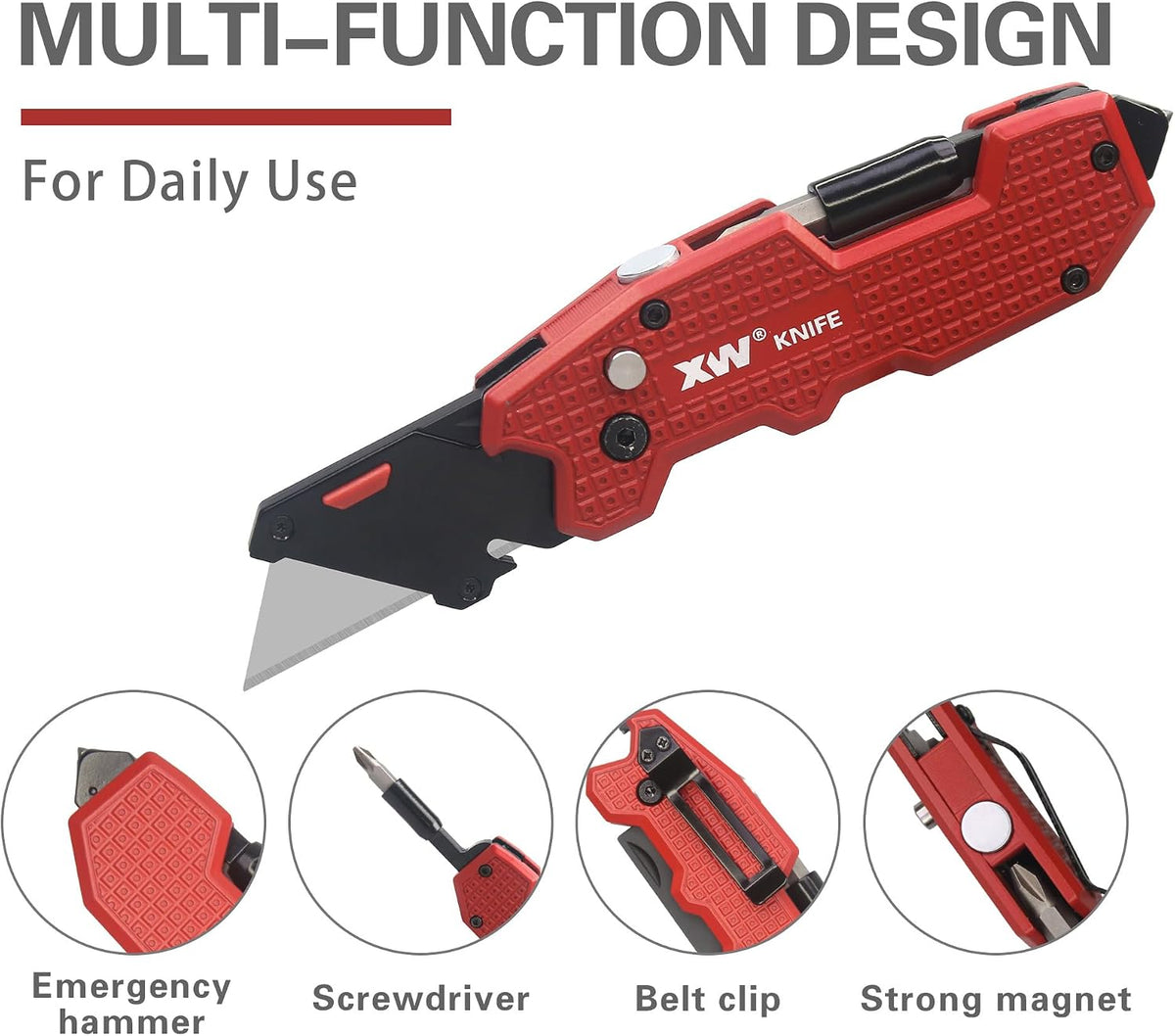 Folding Utility Knife with Screwdriver, 5-in-1 Multi-functional Heavy Duty Lock-back Box Cutter