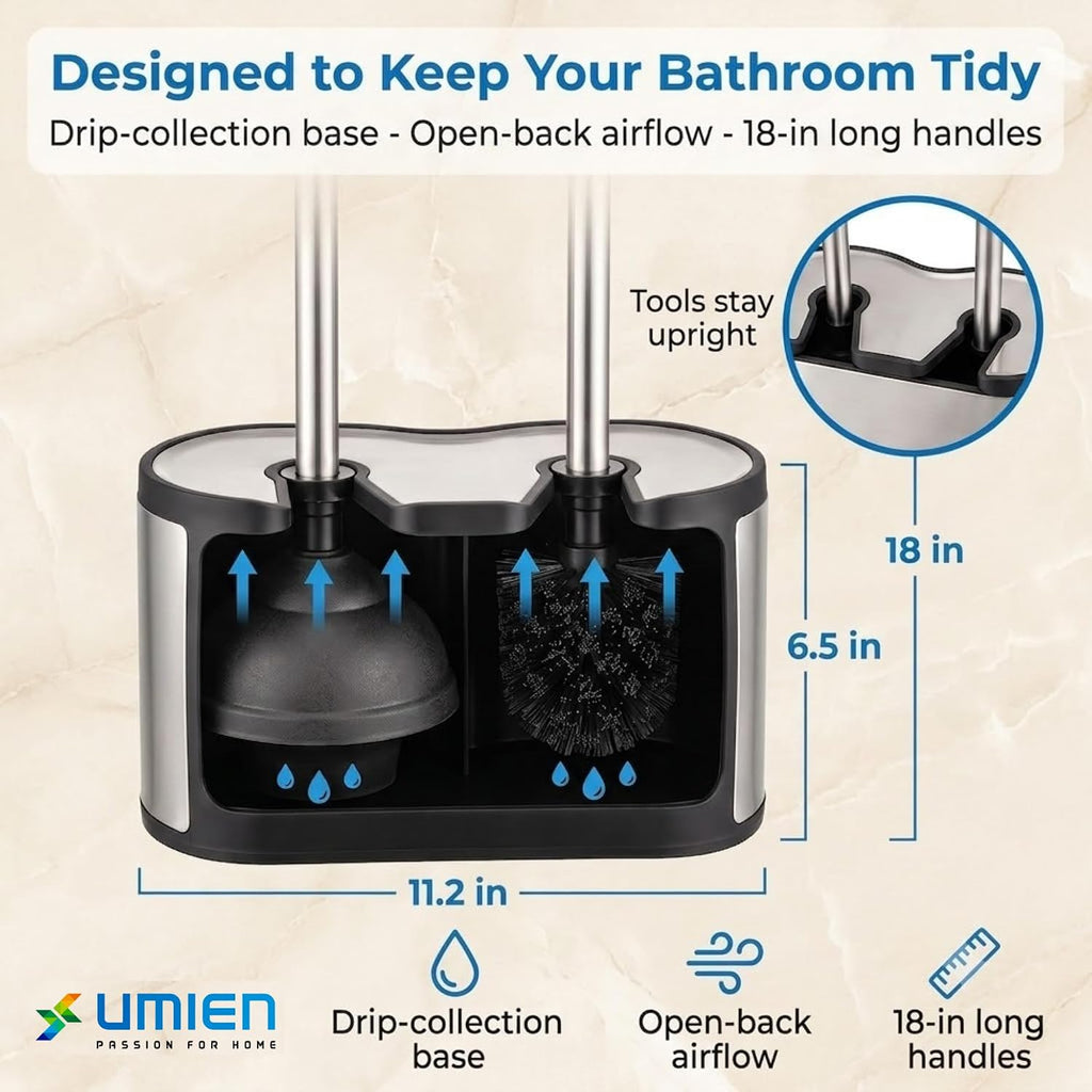 Toilet Brush and Plunger Set, Satin Nickel, Long Handle Freestanding | Satin Nickel, Toilet Brush + Plunger Combo