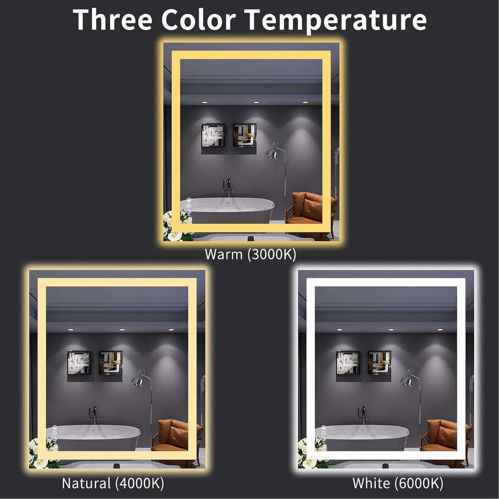32"X36" LED Bathroom Mirror with Lights | Anti-Fog, Dimmable, 3 Color Temperature, Backlit + Front Lit, Memory