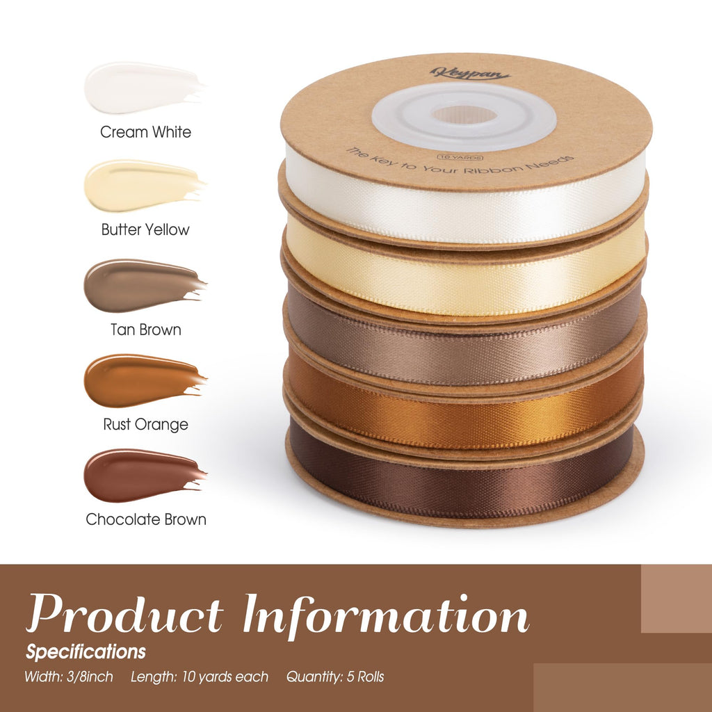Brown Satin Ribbon Set 3/8" x 50 Yards, 5 Rolls