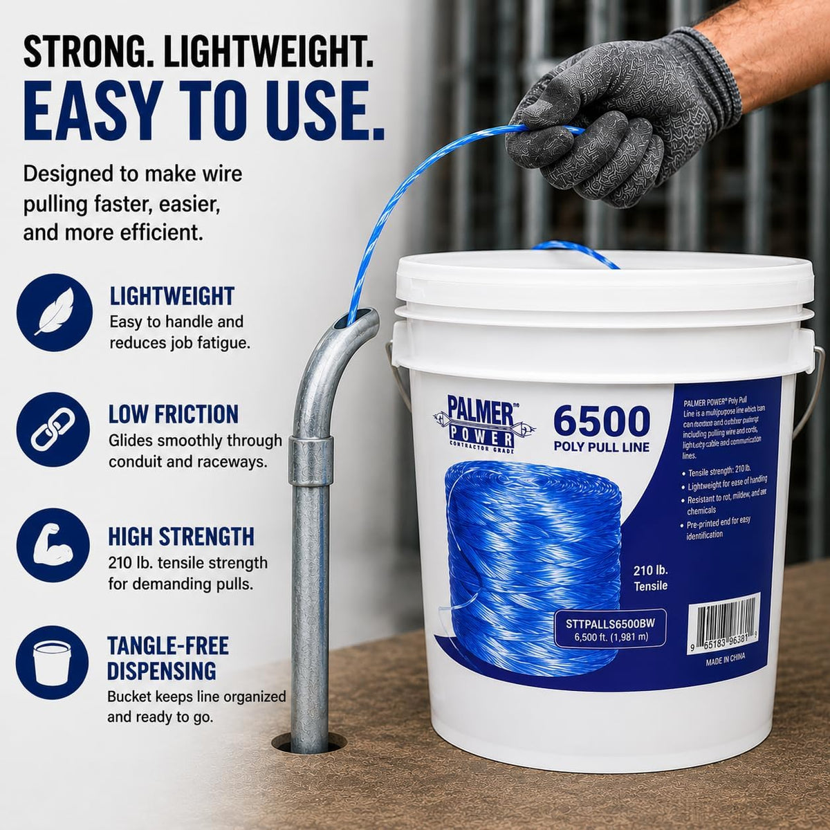 PL6501D Poly Pull Line Bundle - 210 lbs Tensile Strength, Polypropylene Twine Line - 6,500 Ft in Bucket & Reusable Lid