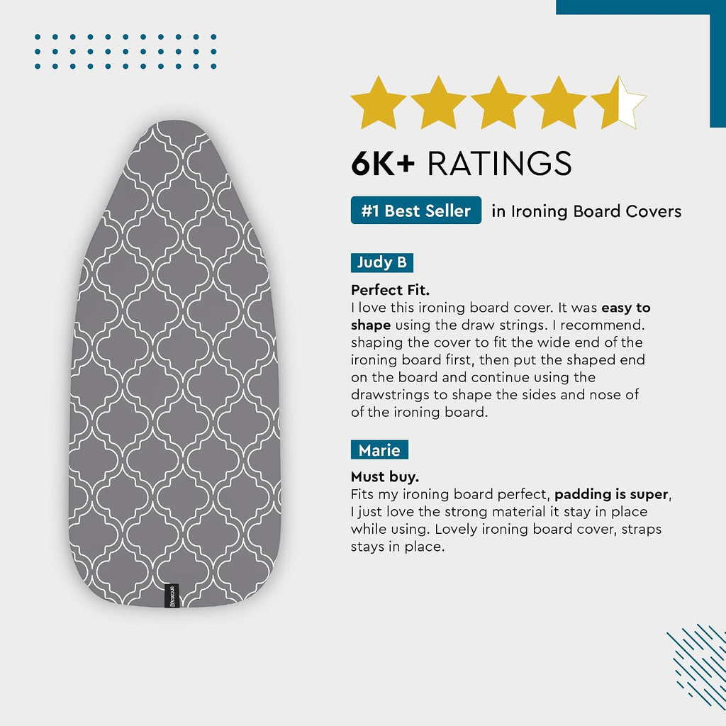 Ironing Board Cover and Pad, Thick Felt 54"x18" | Grey Tiles, 100% Cotton Surface | Scorch & Stain Resistant | Heavy