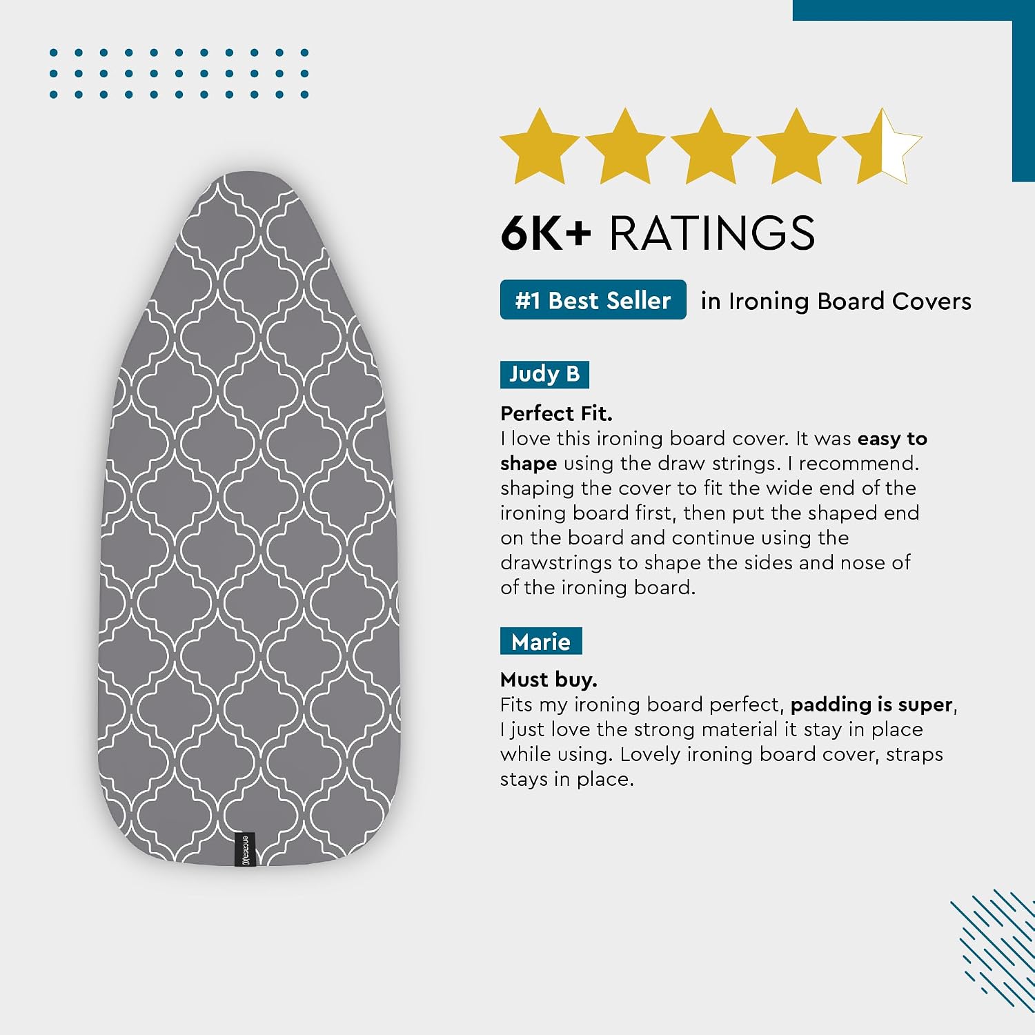 Ironing Board Cover and Pad, Thick Felt 54"x18" | Grey Tiles, 100% Cotton Surface | Scorch & Stain Resistant | Heavy