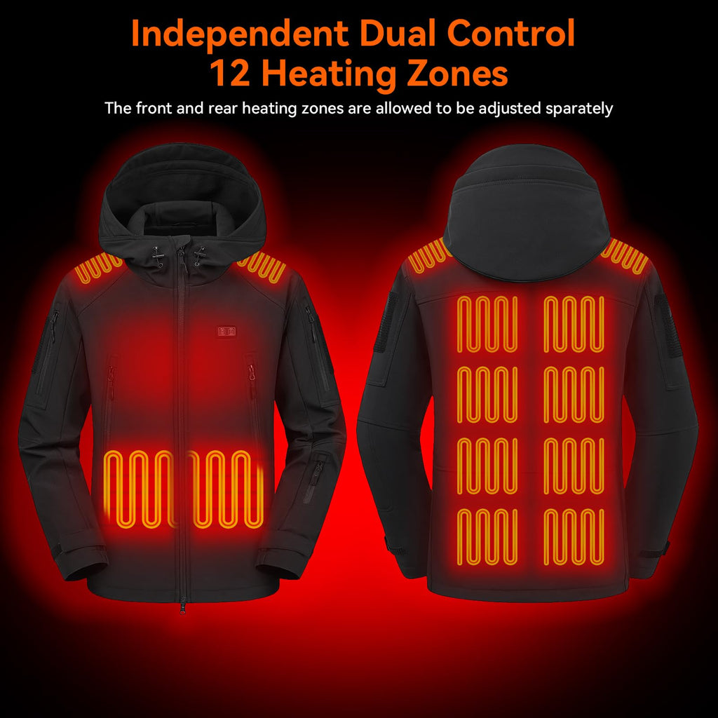 Men's Heated Jacket with 7.4V Battery Pack, 12 Heating Zones, Dual Control Soft Shell Heating Jacket Coat with Hood