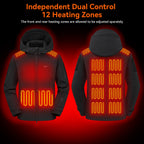Men's Heated Jacket with 7.4V Battery Pack, 12 Heating Zones, Dual Control Soft Shell Heating Jacket Coat with Hood