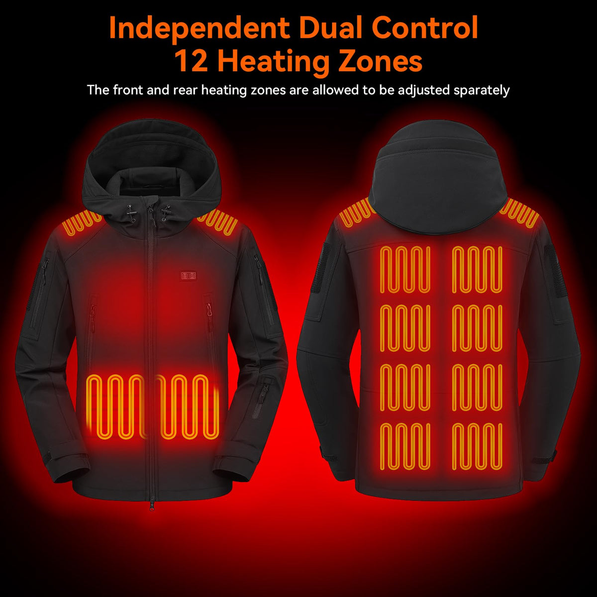 Men's Heated Jacket with 7.4V Battery Pack, 12 Heating Zones, Dual Control Soft Shell Heating Jacket Coat with Hood