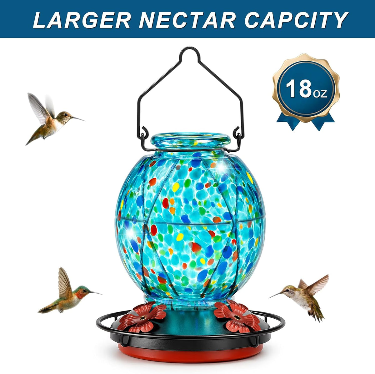 Hummingbird Feeder, Glass Hummingbird Feeder for Outdoors, Vibrant Colors Attract Hummingbirds, 18 Ounces, Netted