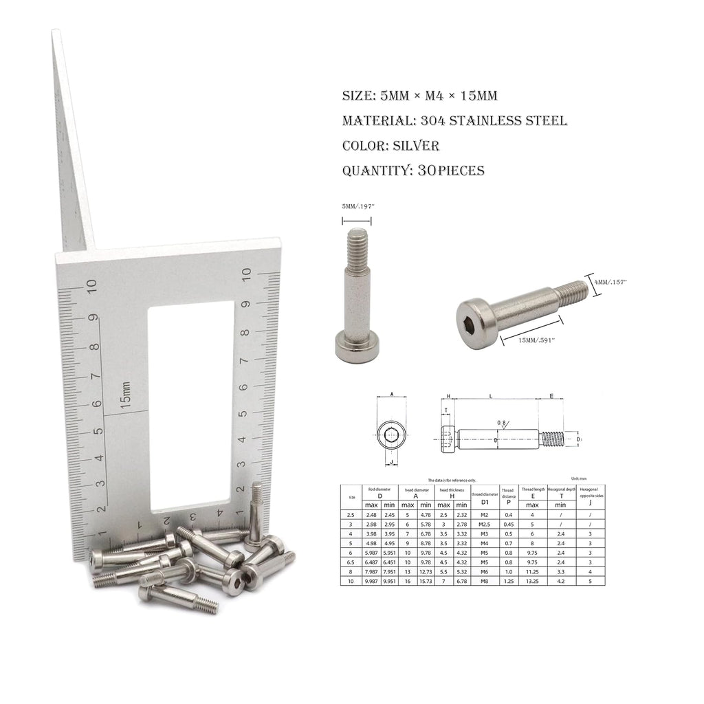 30pcs Hex Socket Shoulder Bolt, 5mm x M4 x 15mm Hex Socket Shoulder Bolt, 304 Stainless Steel (Silvery)