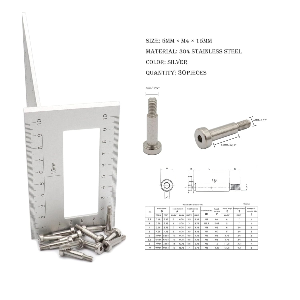30pcs Hex Socket Shoulder Bolt, 5mm x M4 x 15mm Hex Socket Shoulder Bolt, 304 Stainless Steel (Silvery)