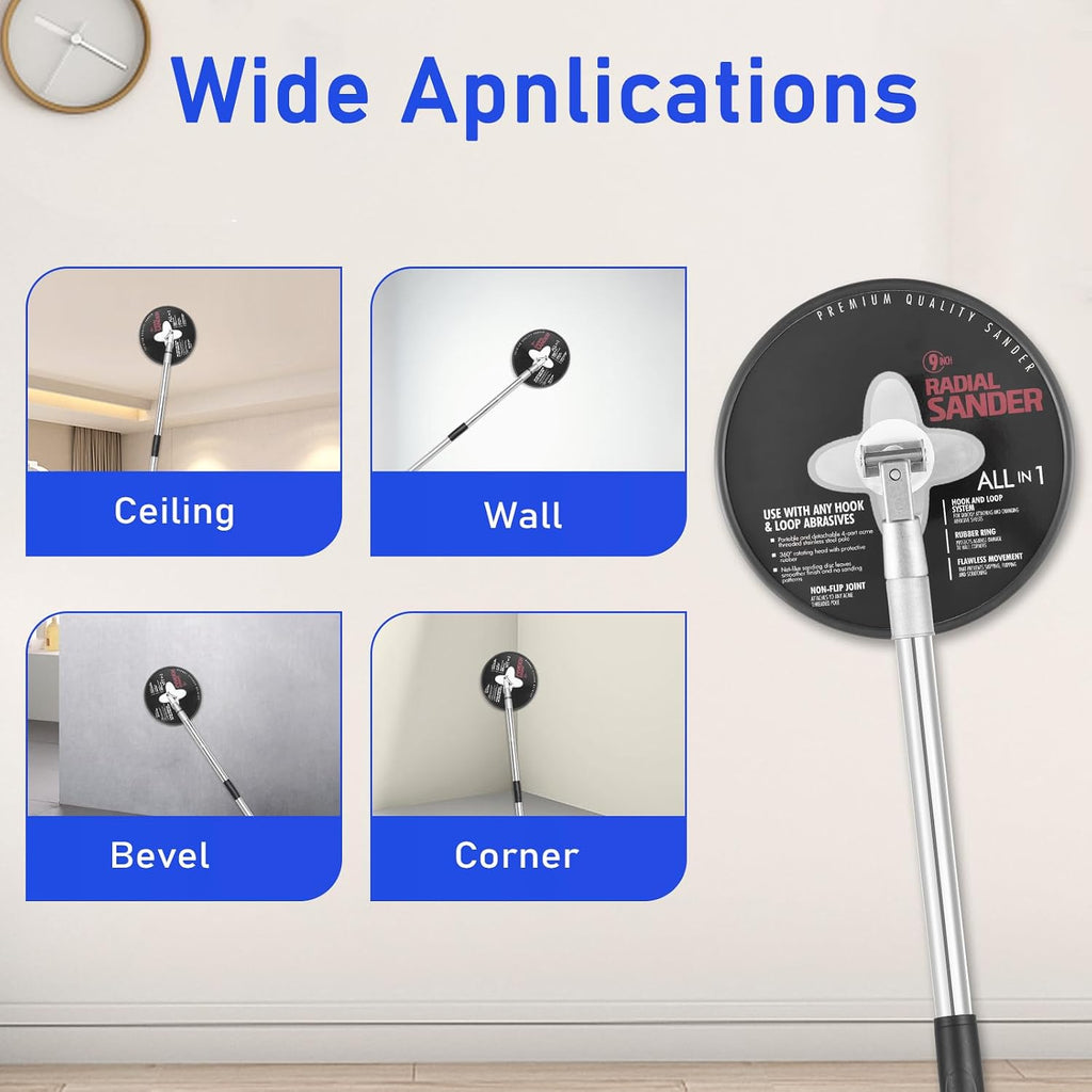 Pole Sander for Drywall, 9-Inch Radial Wall and Ceiling Sanding Machine | 49"-93" Adjustable Rod, 360° Rotating