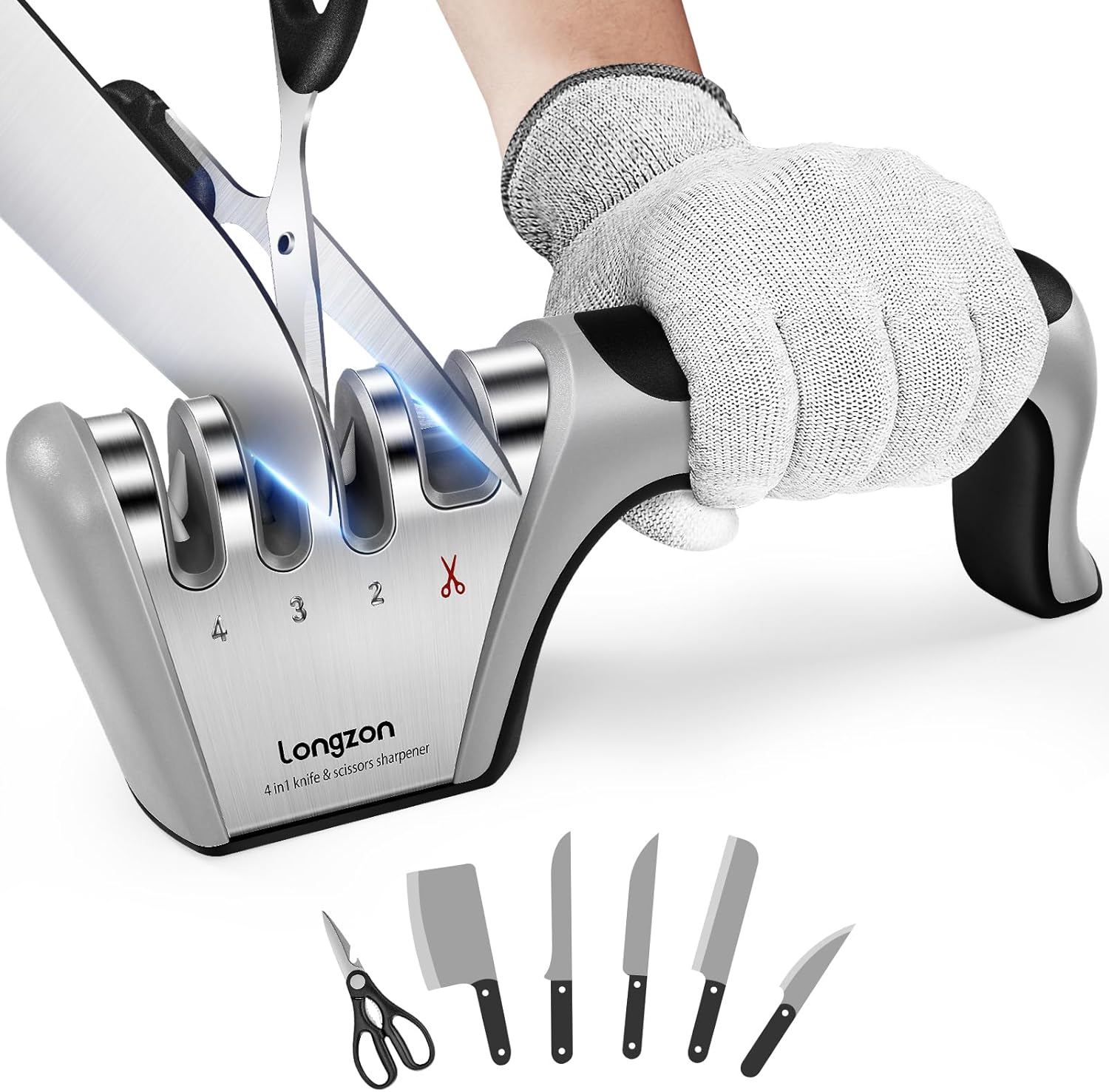 5-in-1 Knife Sharpener 4 Stage with Cut-Resistant Glove, Quickly Sharpens & Restores Dull Blades, Easy & Safe for