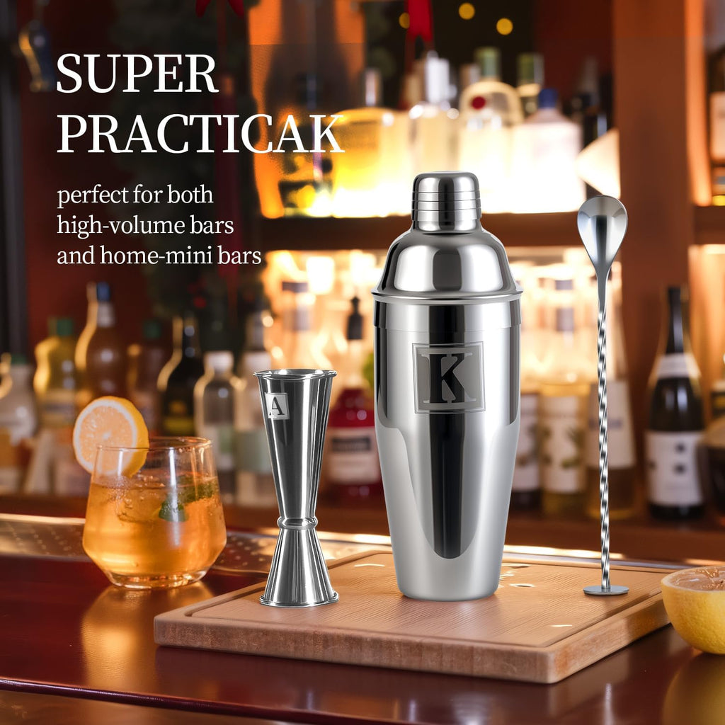 24oz Cocktail Shaker Set with 1 oz 2oz Jigger - Monogramm Initials Martini Shaker Set - 304 Stainless Steel Bar